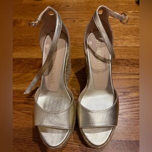 Stuart Weitzman Metallic Gold Leather Espadrille Wedge Sandals